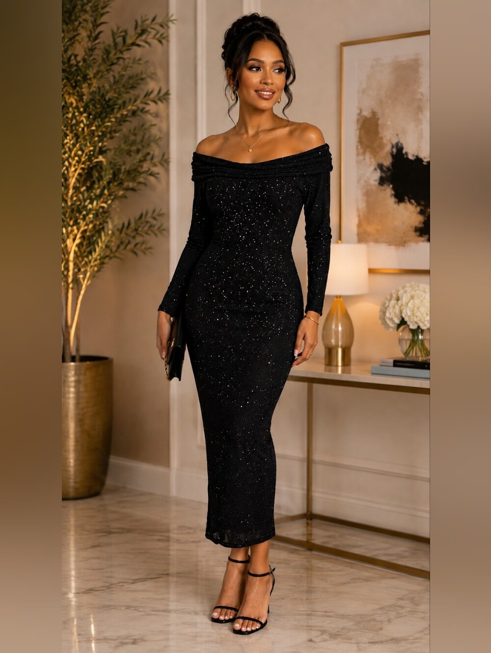 Siren Lily Black Off-Shoulder Sparkle Maxi Dress